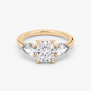 Radiant Cut - Plain Band - Three Stone Ring- 0.5 Ct Side Stone each - 14 K Gold